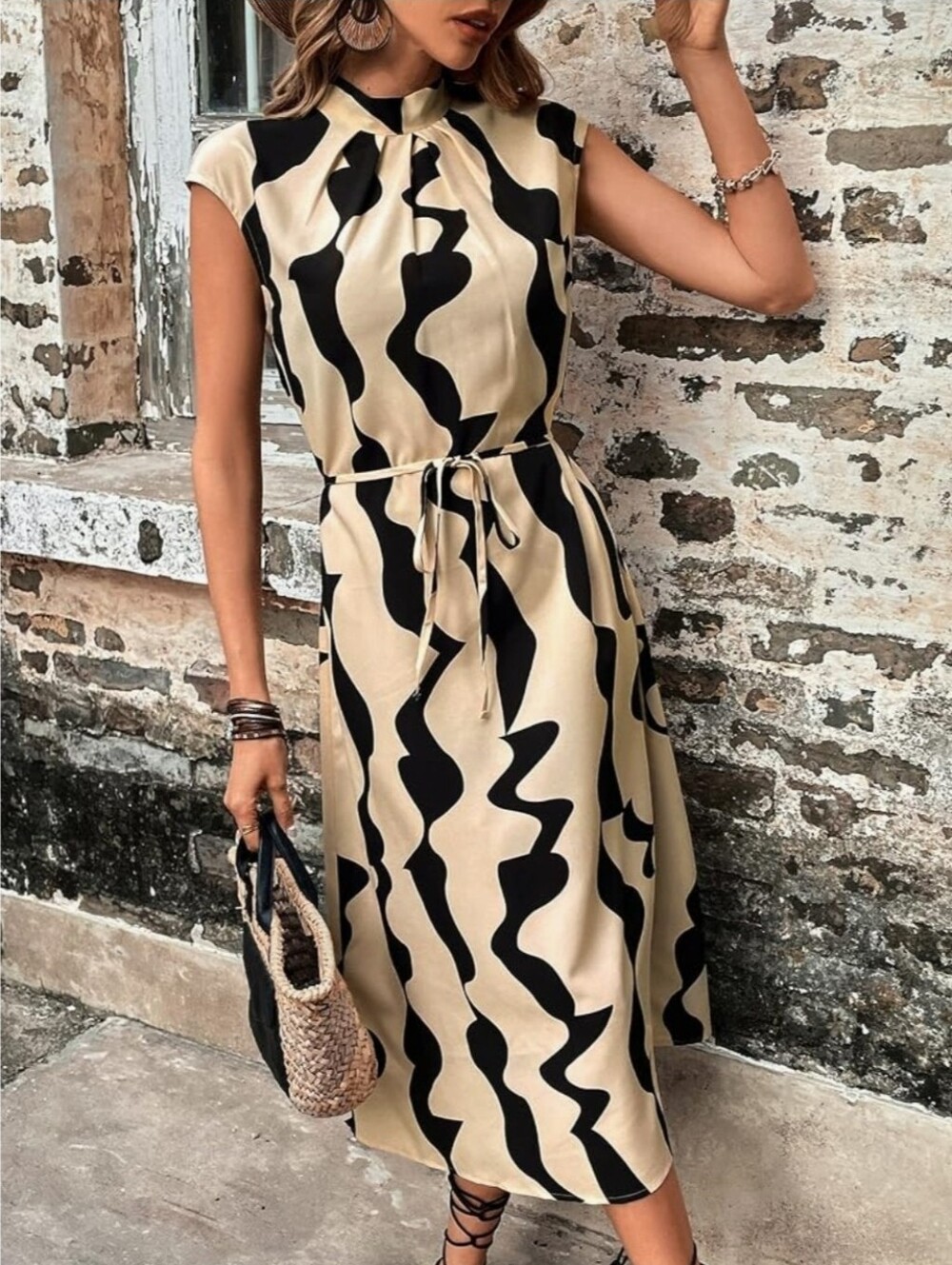 Grawell Women's Geo Printed Tie Back Mock Neck Cap Sleeve A Line Midi Dress Sz M